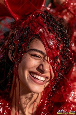 Dark curly hair frames a laughing woman outdoors in bright light as thick red liquid pours over her head