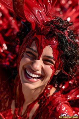 A woman chuckles as thick red paint splashes over her dark hair in bright sunlight