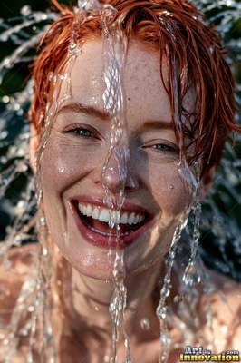 Facing the camera outdoors, a laughing red-haired woman gets splashed with water