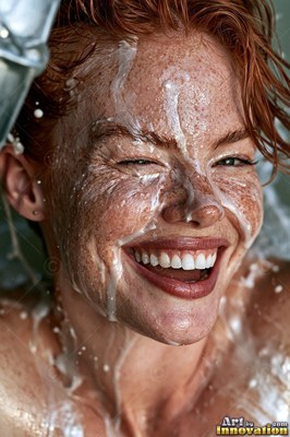 A laughing redheaded woman squints as plain white milk splashes down over her freckled face
