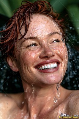 Outside in the garden, a red-haired woman smiles as water pours over her face
