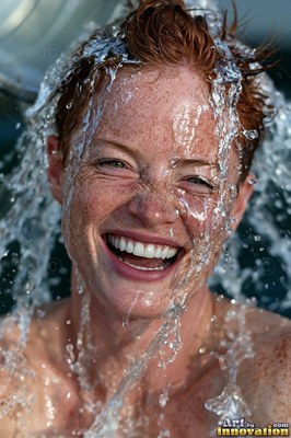 Laughing in bright sun, a freckled redhead woman is splashed with clear water