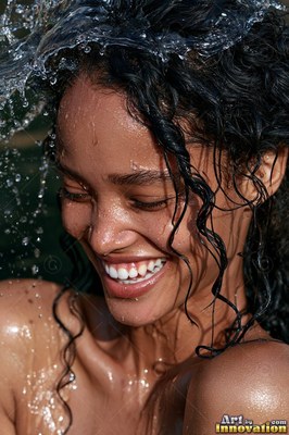 Cheerful woman with wet dark hair splashed with clear water