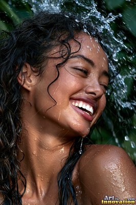 A smiling woman leans her head back as water splashes over her face in bright sunlight