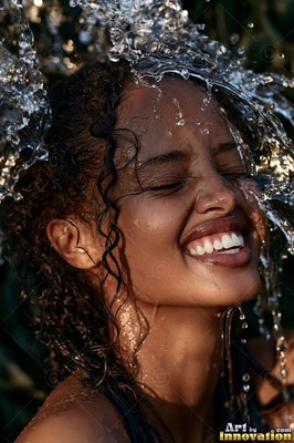 Head tilted back outdoors, a laughing woman gets splashed with clear water