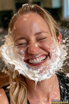 A blonde woman laughs with her eyes shut as white whipped cream hits her face