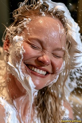 Laughing with eyes squeezed shut, a blonde woman ends up hit by thick white foam