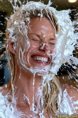 Blonde woman laughs with cream splashed on her face