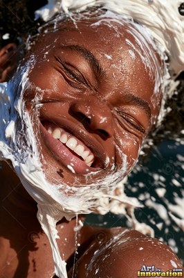 White foam dripping down her face, a smiling Black woman tilts back outdoors in bright sunlight