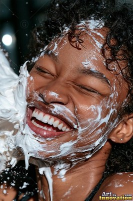A woman laughing is hit in the face with white cream under a bright flash