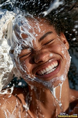 Tilted back outdoors, a woman laughs as white foam splashes over her face