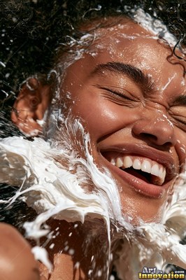 A smiling woman squints as thick white foam splashes across her face in bright sunlight