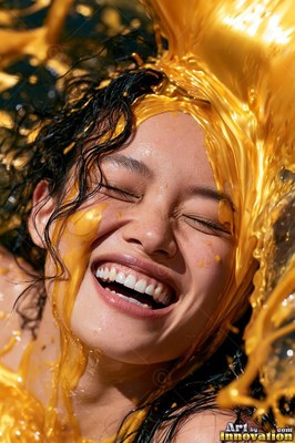 In bright daylight, a woman smiles with closed eyes as yellow paint splashes over her head