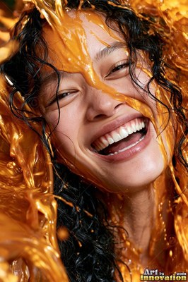 Laughing with eyes narrowed, a woman with a smile is covered in thick golden paint