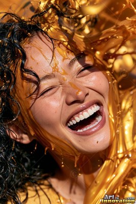 A giggling woman gets splashed with thick gold liquid in the sun