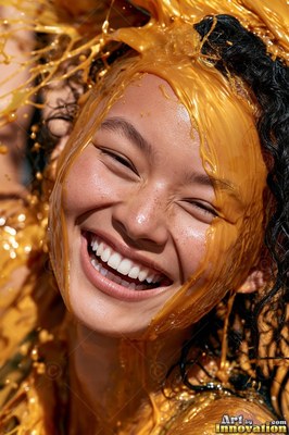 Dark curly hair frames a giggling woman outdoors as thick orange fluid splashes on her face
