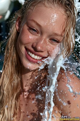 Close up outdoors as a smiling woman with blonde hair ends up splashed with white milk