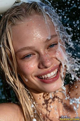 A smiling blonde-haired woman finds herself splashed in the face with splashing white milk outdoors in bright sun