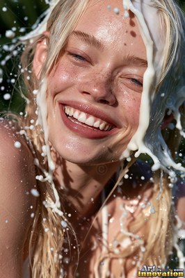 In bright sunlight, a smiling fair-haired woman bursts out laughing as splashing white milk splashes over her face