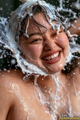 Smiling woman with milk splashing over her face