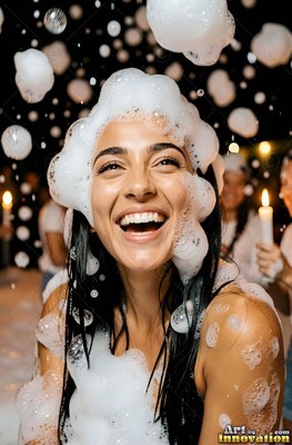 A woman laughs as thick white foam lands on her head under warm candlelight