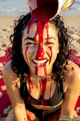Kneeling on a sunny beach, a smiling woman gets red paint poured on her head
