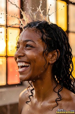 Laughing happily, a woman gets splashed on the head with water outdoors