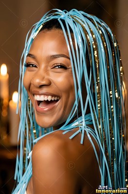 A smiling woman with blue and gold party streamers on her hair
