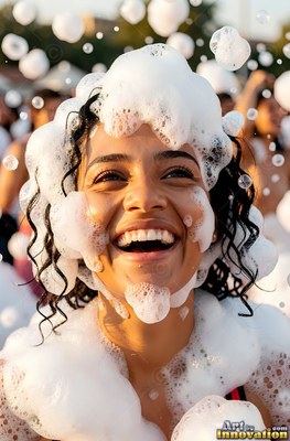 Dark curly hair frames a laughing woman covered in white soap foam outdoors in bright sunlight