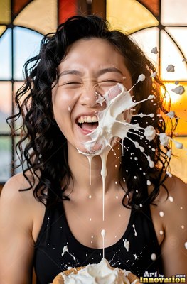 A chuckling woman in a black tank top gets hit in the face with plain white cream