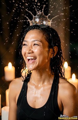 In front of warm candles, a woman in laughter has water splash on her head