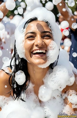 Cheerful woman covered in white soap foam outdoors