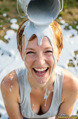 Short red hair on a laughing woman outdoors as white paint pours onto her head