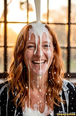 A laughing woman gets plain white milk poured over her head before a sunny window