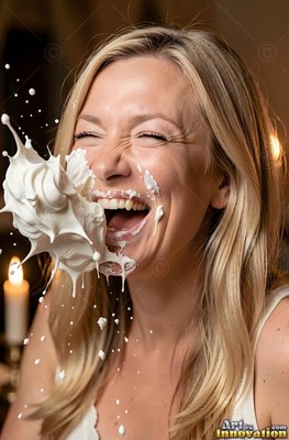 Tilted head back indoors, a blonde woman bursts out laughing as cream hits her cheek