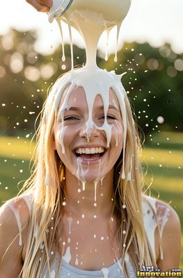 A laughing fair-haired woman gets splashing white milk poured over her head outdoors