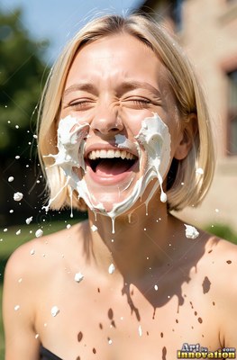 In a sunny yard, a blonde woman breaks into laughter with cream splattered on her face