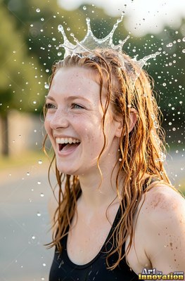 Laughing outdoors, a redheaded woman wears a crown-shaped splash of water on her head