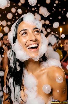Dark wet hair frames a woman laughing covered in white soap bubbles at a party