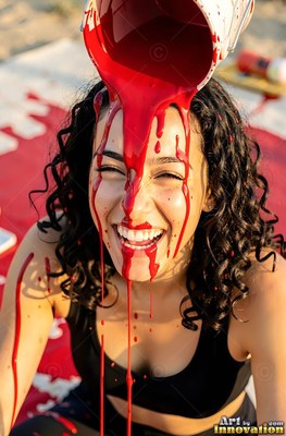 A woman smiling ends up bright red paint dumped over her head in warm sunlight