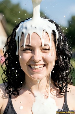 Facing forward outdoors, a woman smiling finds herself white milk poured over her head
