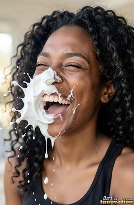 A woman with curly hair laughs as white cream splashes on her cheek and mouth