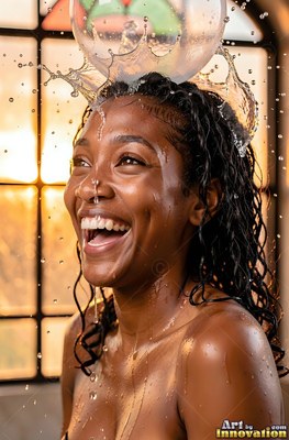 Before a warm window, a woman smiling gets a water balloon popped on her head
