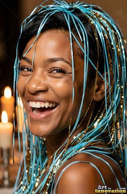 Laughing happily, a cheerful woman covered in blue and gold streamers near candles