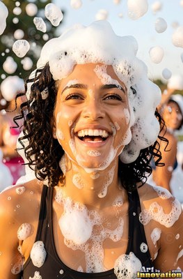 Grinning woman with dark curly hair covered in white foam bubbles outdoors