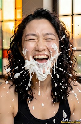 Facing forward indoors, a laughing woman ends up hit by splashes of white cream