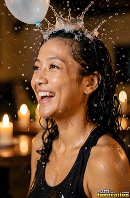 A smiling woman in a black tank top as a water balloon pops over her head
