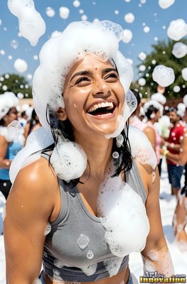 Laughing in bright sunlight, a woman in a gray tank top is covered in white soap foam