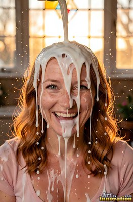 Woman smiling in a pink shirt has white milk poured over her head by a sunny window