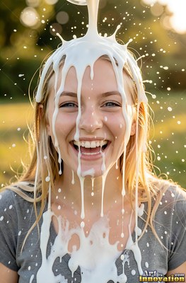 Smiling straight ahead in a sunny field, a woman is milk poured over her head